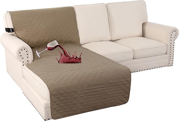 Turquoize 100% Waterproof Sofa Covers Chaise Lounge L Shape Sofa Protector Slip Cover Triple Non-Slip Sofa Slipcover for Chaise Sectional Couch Cover for Pets, Kids (Chaise, Taupe)