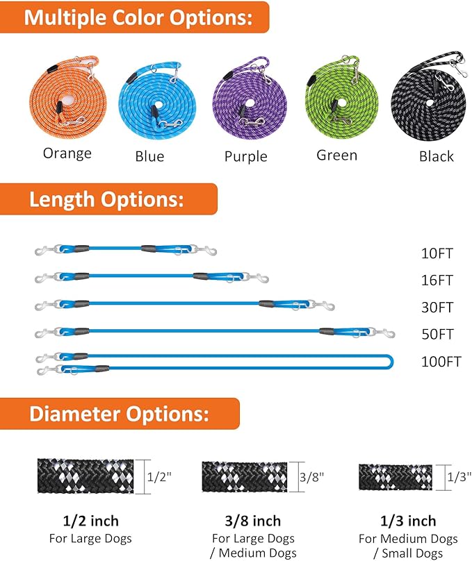 Long Leash for Dog Training 16FT/30FT/50FT/100FT, Reflective Threads Rope Check Cord, Heavy Duty Lead for Large Medium Small Dogs Walking, Playing, Camping, or Yard