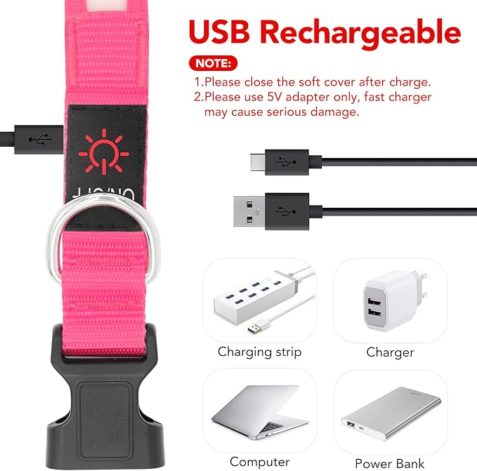 Vizpet LED Dog Collar, Light Up Dog Collar Adjustable USB Rechargeable Super Bright Safety Light Glowing Collars for Dogs (Small, Pink)