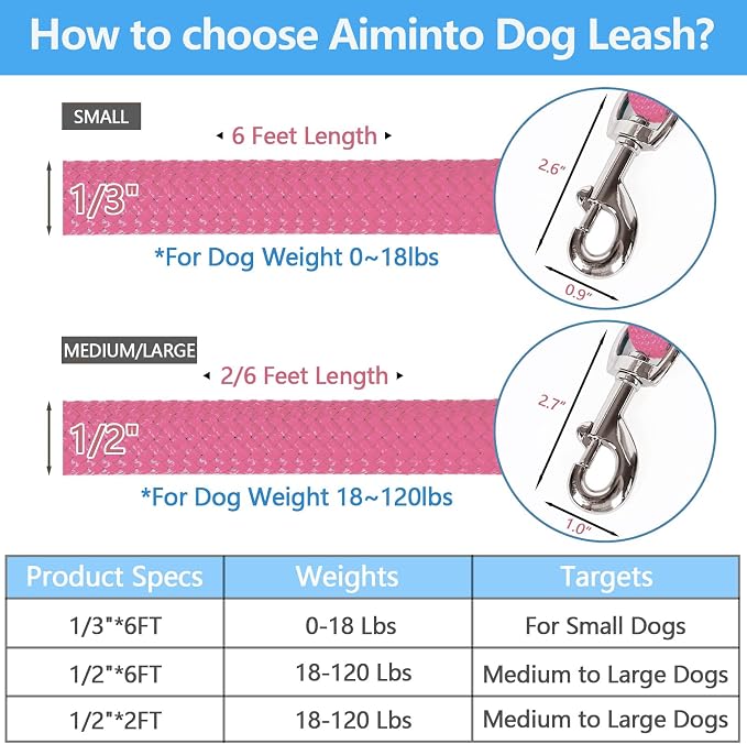 Dog Leash, Braided Rope Traction – Walking Training Lead for Medium/Large Dogs ((1/2") x 6FT, Pink)