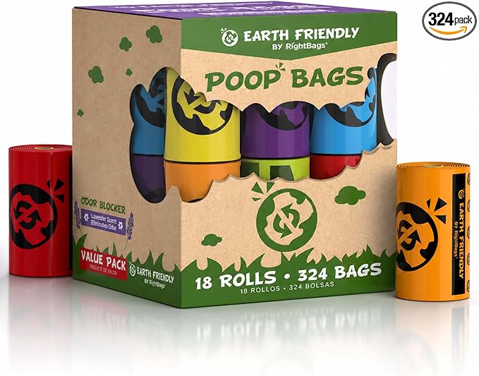 Earth Friendly Dog Poop Bags, 324 Count - Extra Thick, Leak-Proof, Lavender Scented Dog Poop Bags with Odor Blocker - Eco-Friendly, Tear-Resistant, 9x13 Inch Bags for Large & Small Dogs - 18 Rolls