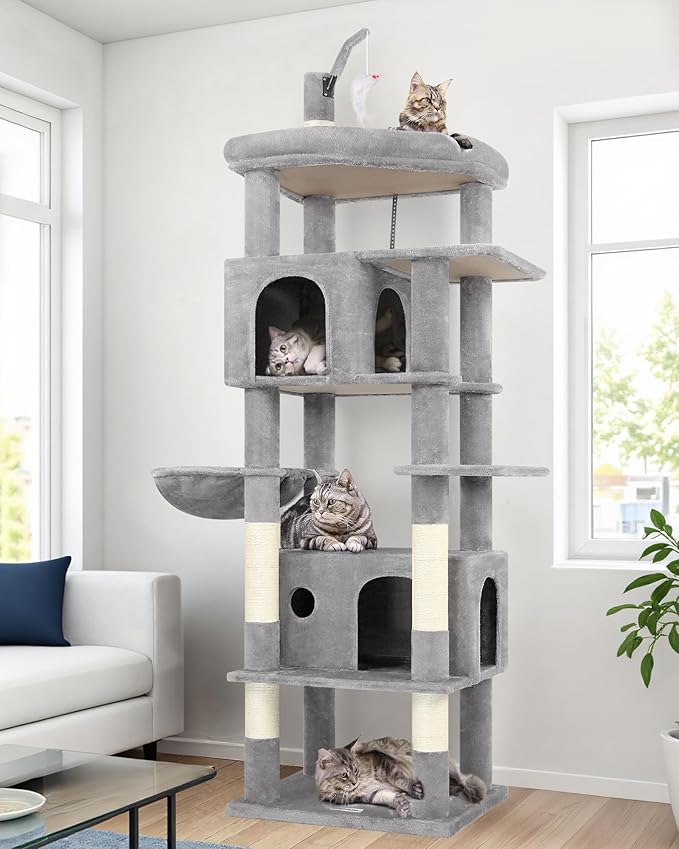 Globlazer 74in Cat Tree for Indoor Cats Large Adult, Heavy Duty Cat Tower with 5 Sisal Scratching Posts, 2 Caves, Oversized Top Perch, Hanging Basket, F74B, Light Grey