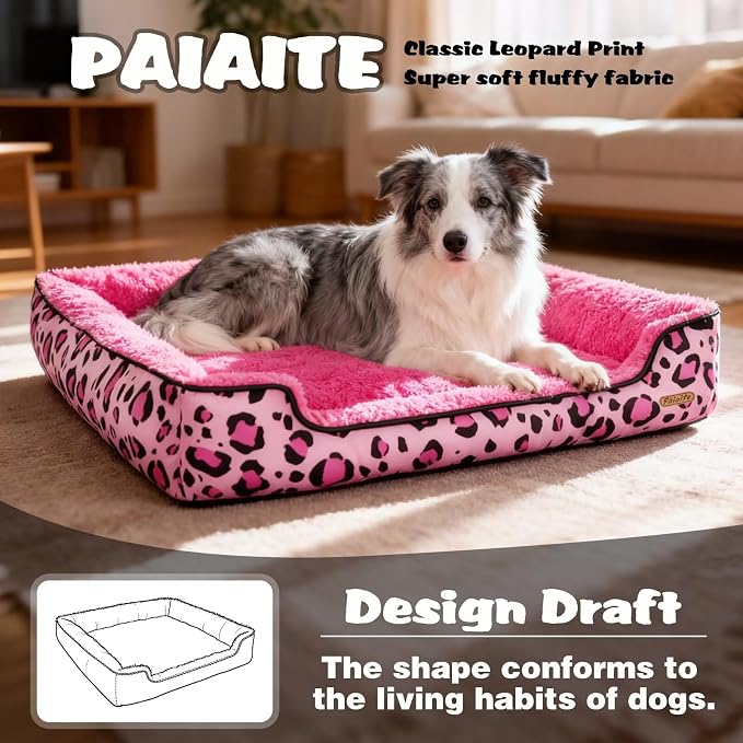 Rectangle Washable Dog Bed for Large, Medium & Small Dogs – Soft Calming Puppy Beds, Durable Warm Pet Sofa with Non-Slip Bottom for Indoor Use.Pink M Size (33.5"x33.5"x7.1")