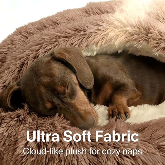 Hooded Donut Dog Bed with Cover, Calming Anti-Anxiety Dog Cave Bed for Small Medium Dogs, Plush Fluffy Burrowing Pet Bed with Waterproof Non-Slip Bottom (Grey,XL-40”)