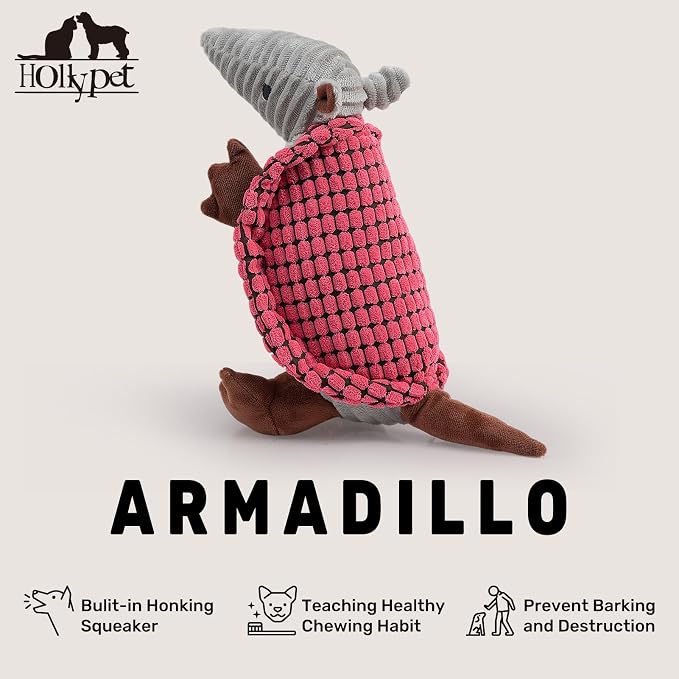 Hollypet Plush Dog Squeaky Toy Stuffed Armadillo Animal Pet Puppy Chew Toys with Clean Teeth for Small Medium Large All Breed Sizes Dogs, Bright Pink,10 in