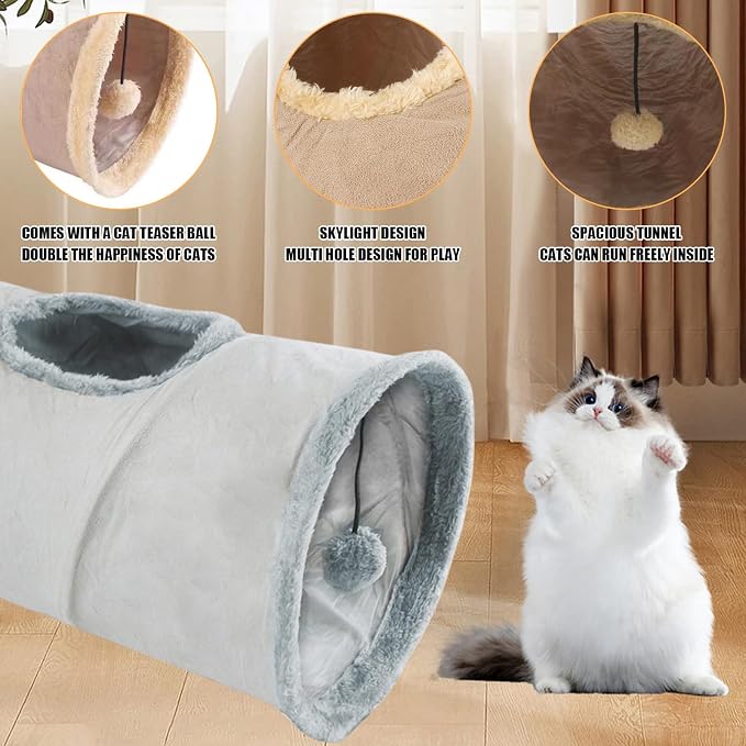 Cat Tunnel,Indoor Cat Play Tube Toys with Play Ball,Durable Collapsible Rabbit Hideaway Tunnel for Kitten,Bunny, Guinea Pig, Rat, Hamster, Ferret, Chinchilla (Grey)