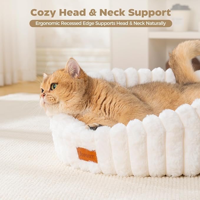 Avont Fluffy Cat Bed for Indoor Cats, Cozy Plush Sleeping Nest for All Sleep Styles, Washable Removable Cushion & Anti-Slip Base, Calming Round Bed for Kittens & Small Dogs – Cream(M)