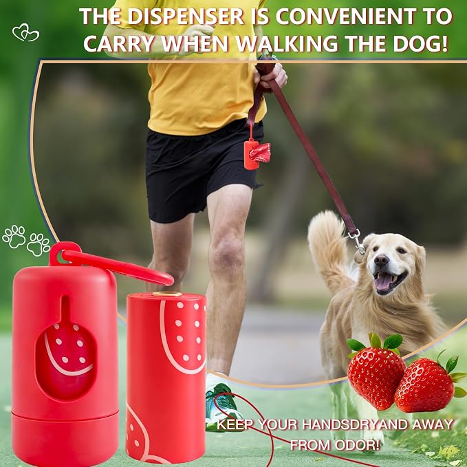 Strawberry Scented Dog Poop Bags - 120 counts red Pet Waste Bags with Dispensers, Extra Large 13x9 Inch Leak-Proof Fragrance Bags for Dogs Walking and Cat Litter