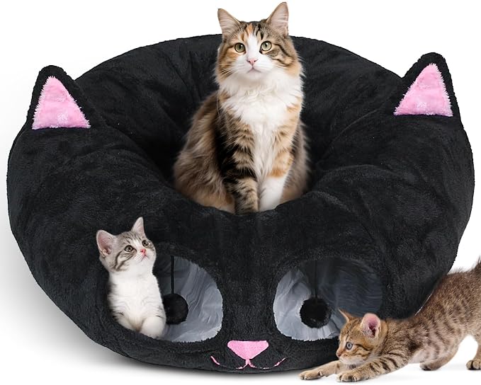 Cat Tunnel Bed for Indoor Cats, Peekaboo Cat Cave with Washable Soft Play Mat, Furry Cat Tube, for Kitten/Puppy/Rabbit, Kitten Series Black Pink