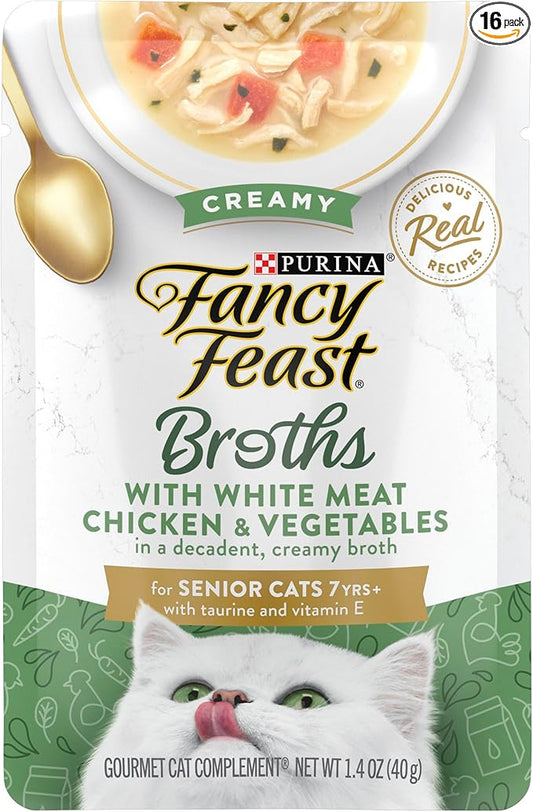 Purina Fancy Feast Broths Creamy Senior Cat Food Topper With White Meat Chicken & Vegetables, Pack of 16, 1.4 oz Pouches