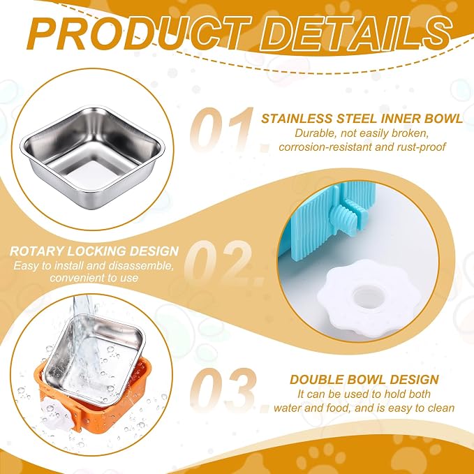 Crate Dog Bowl, Removable Stainless Steel Pet Cage Hanging Anti-Overturn Food Water Feeder Cage Cup (Square, Yellow, 17.7oz), Intended for Puppies/Cat/Rabbit/Bird