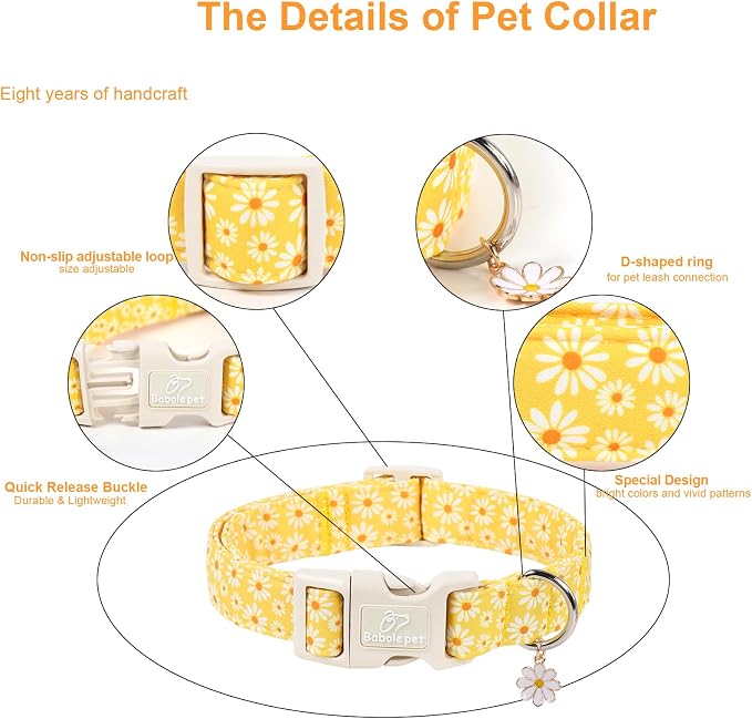 Yellow Daisy Dog Collar Cute Summer Dog Collars for Small Dogs - Lightweight Adjustable Girly Floral Female Dogs Everyday Collar with Safety Buckle S