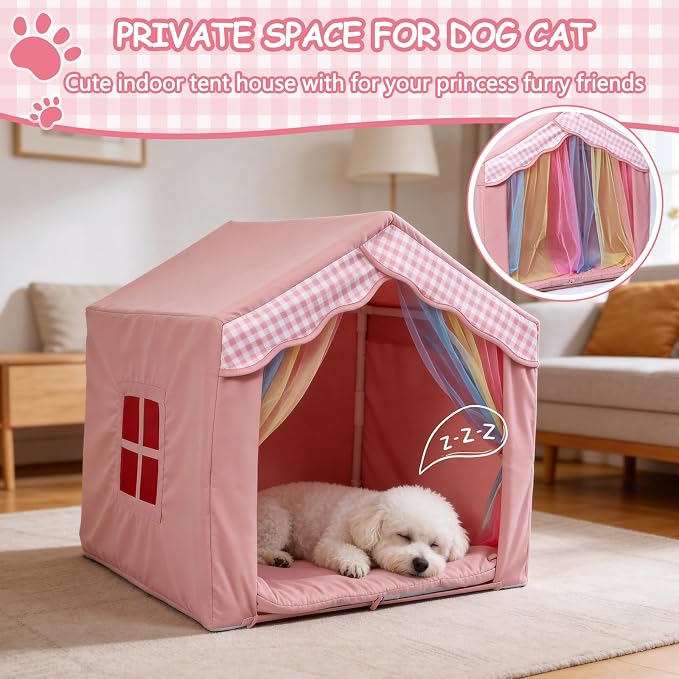 Cute Indoor Dog House for Small Dogs, LitaiL Princess Dog House Indoor Outdoor, Pink DogTent Bed, Small Dog Tent with Soft Cushion for Small Medium Pets
