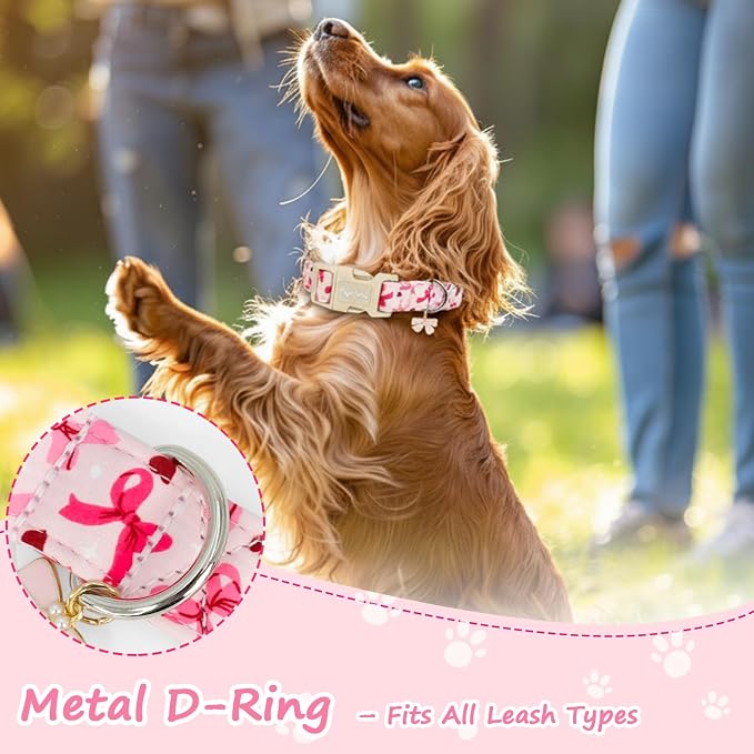 Girl Dog Collars for Small Dogs, Summer Dog Collar with Pink Bow with Metal Buckle Pet Collar for Girl Dogs for Female Dog Adjustable Soft Pink Girl Dog Collar for Puppy Small Dogs-S