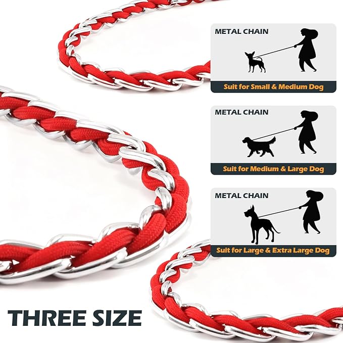 Chain Dog Leash Chew Proof Metal Leash for Medium Large Dogs, Chain Link Dog Anti Chew 5.2FT / 4FT Strong Anti Bite Comfortable Soft Padded Handle (red, 4FT(5-30lb))