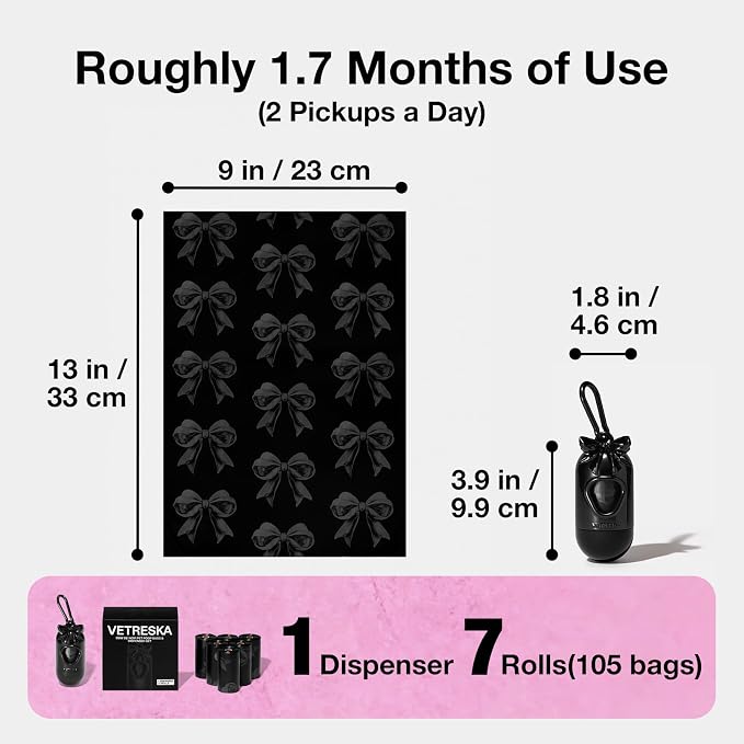 VETRESKA Dog Poop Bags with Dispenser, Leak Proof and Extra Thick Pet Waste Bags for Dog Walking and Cat Litter, Rose & Honey Scented, 105 Count