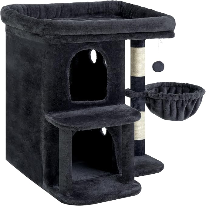 Heybly Cat Tree, 26.3-inch Cat Tower with Spacious Top Perch for Large Cats, Stair-Style Cat House Furniture with Dual-Layer Condos, Sisal Scratching Posts, Cozy Basket & Pompom, Smoky Gray HCT204SG