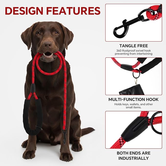 Heavy Duty Dog Leash - 4.9 FT for Large and Small Dogs - Strong Nylon, Comfortable Handle, Reflective Stitching - Ideal for Walking, Training, and Outdoor Activities, Red