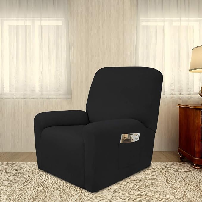 PureFit Super Stretch Recliner Sofa Slipcover with Pocket – Spandex Non Slip Soft Couch Sofa Cover, Washable Furniture Protector with Elastic Bottom for Kids, Pets （Recliner, Black）