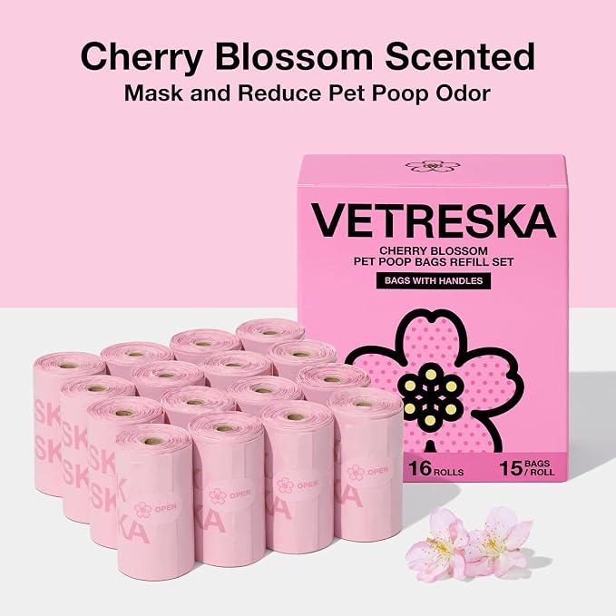 VETRESKA Dog Poop Bags with Handles 240 Count, Floral Scented Waste Bags, Leak-Proof Thick Dog Bags for Poop, Easy-Tie Large Poop Bags, 16 Refill Rolls for Dog Walking Cat Litter