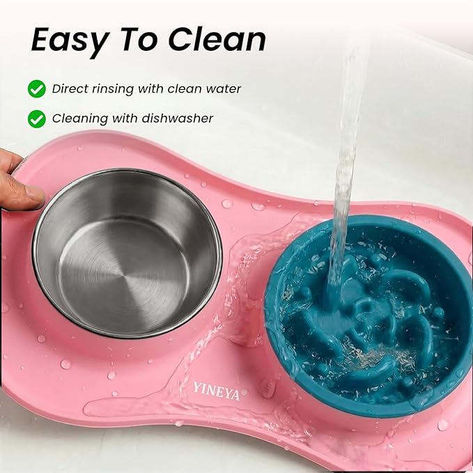 YINEYA 3 in 1 Slow Feeder Dog Bowls & Stainless Steel Food and Water Bowl with Non-Spill Dog Bowl Mat, Anti-Choking Puppy Bowls, Floor Safe & Easy Clean for Large Medium Small Dogs Cats