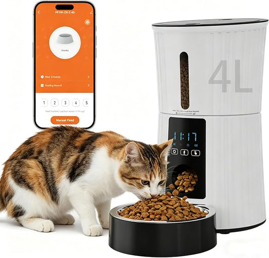 DUMOS Automatic Cat Feeder, 4L WiFi Timed Cat Food Dispenser with APP Control, 10s Voice Recorder, Dual Power Supply, Indoor Programmable Pet Feeder with Desiccant for Small Cats and Dogs, White