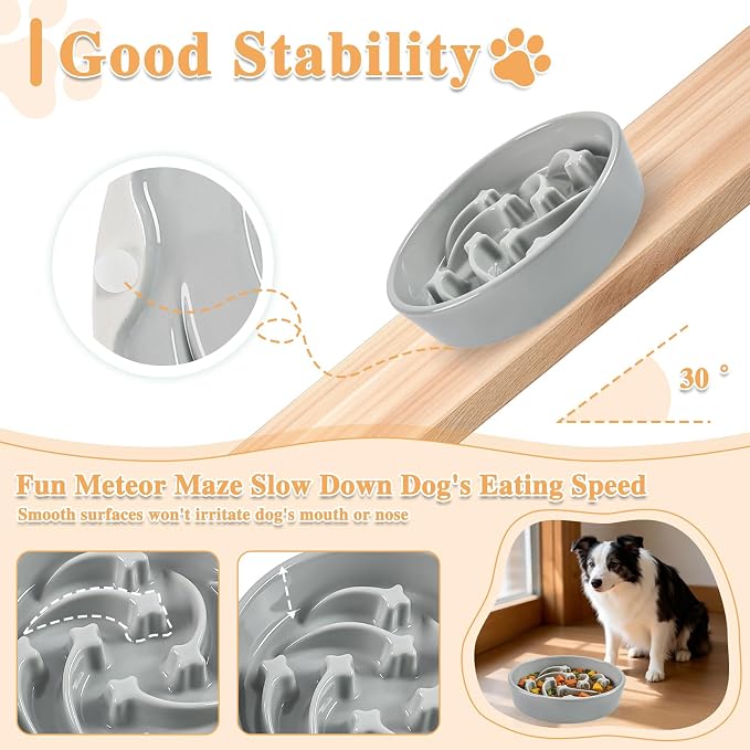 Ceramic Slow Feeder Dog Bowls, 2 Cups Dog Food Dish for Medium and Large Breed, Puzzle Dog Food Bowl for Fast Eater, 28OZ, 8.15 inch(Grey)