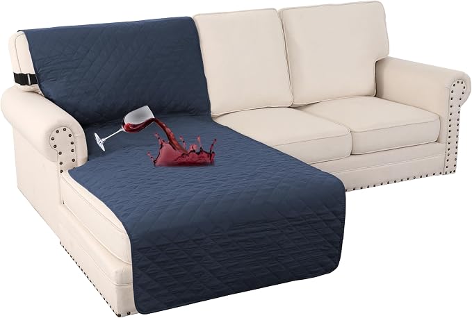 Turquoize 100% Waterproof Sofa Covers Chaise Lounge L Shape Sofa Protector Slip Cover Triple Non-Slip Sofa Slipcover for Chaise Sectional Couch Cover for Pets, Kids (Chaise, Navy)