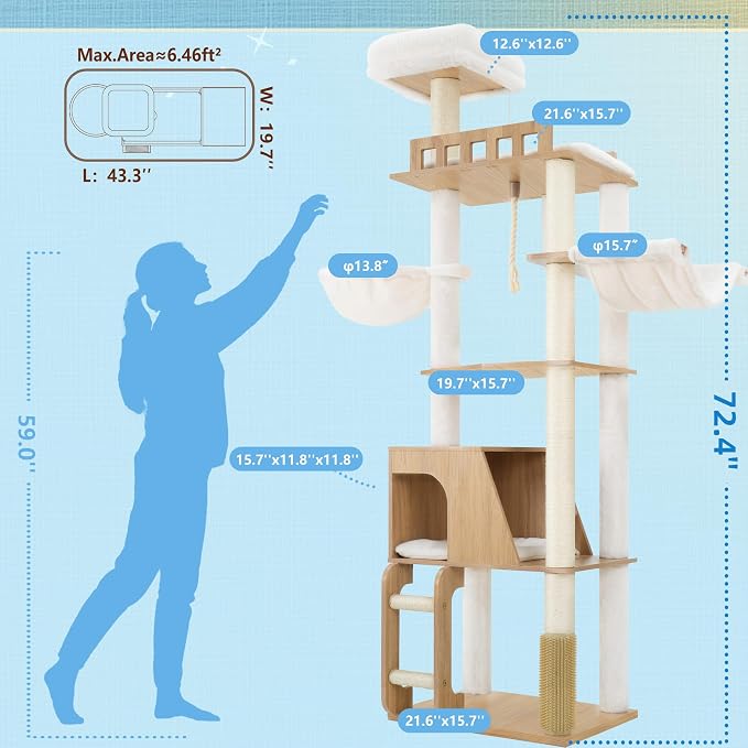 Hey-brother Wooden Cat Tree, 69.7 inch Cats Furniture Tower with Large Platforms, Hammocks, Spacious Condo, Full Sisal Scratching Posts, Ladder, Brush, Water Proof Surface, White Oak MPJ121BT