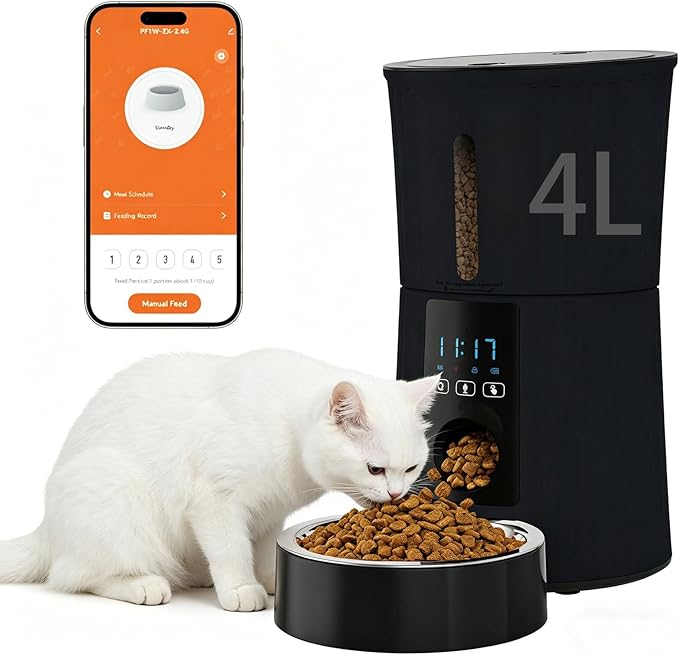 DUMOS Automatic Cat Feeder, 4L WiFi Timed Cat Food Dispenser with APP Control, 10s Voice Recorder, Dual Power Supply, Indoor Programmable Pet Feeder with Desiccant for Small Cats and Dogs, Black