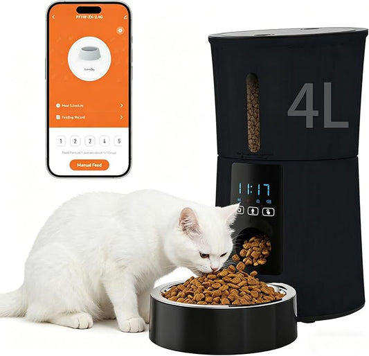 DUMOS Automatic Cat Feeder, 4L WiFi Timed Cat Food Dispenser with APP Control, 10s Voice Recorder, Dual Power Supply, Indoor Programmable Pet Feeder with Desiccant for Small Cats and Dogs, Black
