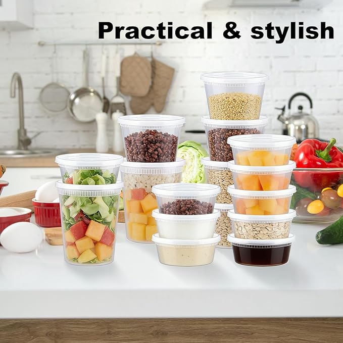 Clawsoff 60 Sets Deli Containers with Lids, 32/16/8 oz X 20 Set Each, Leak-Proof & BPA Free Airtight Takeout Plastic Food Storage Containers for Soup, Freezer/Microwave/Dishwasher Safe