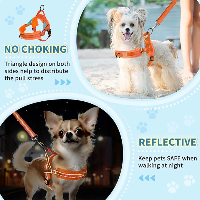Lukovee No Pull Dog Harness and Leash Set, Soft Padded Small Dog Harness, Neck & Chest Adjustable Reflective Vest Puppy Harness with 4ft Lightweight Anti-Twist Dog Leash for Small Dogs (Orange, S)