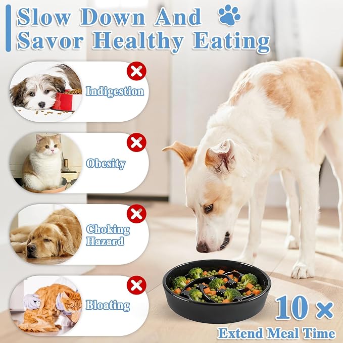 Ceramic Slow Feeder Dog Bowls, 2 Cups Dog Food Dish for Medium and Large Breed, Puzzle Dog Food Bowl for Fast Eater, 28OZ, 8.15 inch(Black)