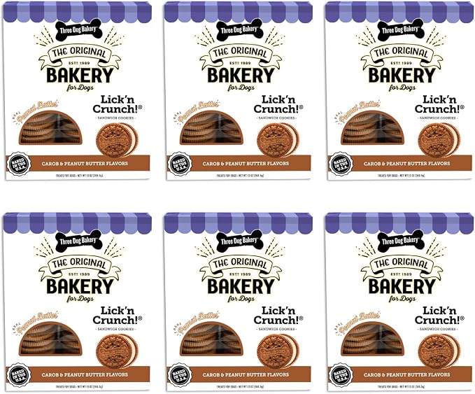 Three Dog Bakery Lick'n Crunch Baked Dog Treats, Carob and Peanut Butter Flavor, 13 Ounce Box, 6-Pack (114059)