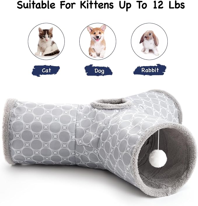 Tempcore Cat Tunnel for Indoor Cats Fleece-Lined in for Warmth, 3 Way Collapsible Pet Play Tunnel with Teaser Wand, Peek Holes & Hanging Ball, Interactive Tube for Kittens & Rabbits, Geometry Grey