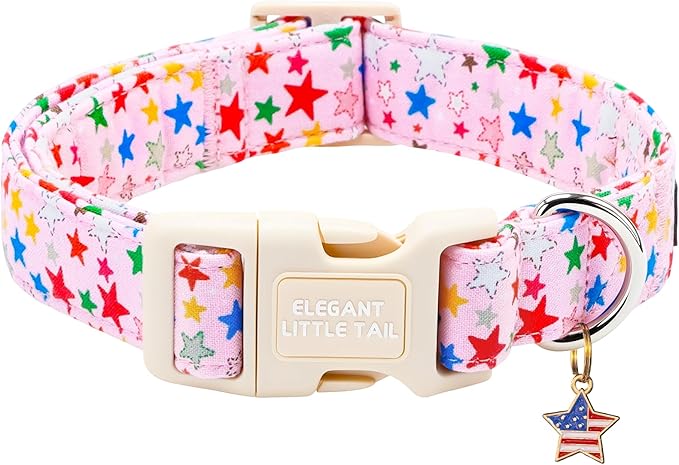 Elegant Little Tail 4th of July Dog Collar with Pendant, Patriotic Pink Stars Patriot Pattern Cotton, Sturdy Quick-Release Plastic Buckle, Girl Adjustable Pet Collar for Large Dogs