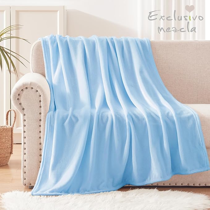 Exclusivo Mezcla Fleece Throw XL Blanket for Couch, Sofa, Super Soft and Warm Ice Blue Blankets, All Season, Cozy, Plush, Lightweight, 50x70 Inches