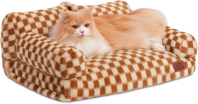 Hollypet Fluffy Dog Cat Bed Pet Couch Beds Plush Soft Warming Washable Puppy Bed for Small Medium Dogs and Large Cats, Brown and Light Yellow, 24" L x 18" W x 10" Th