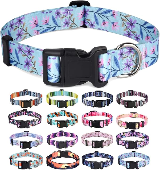 Mihqy Dog Collar with Bohemia Floral Tribal Geometric Patterns - Soft Ethnic Style Collar Adjustable for Small Medium Large Dogs(Floral Purple,L)