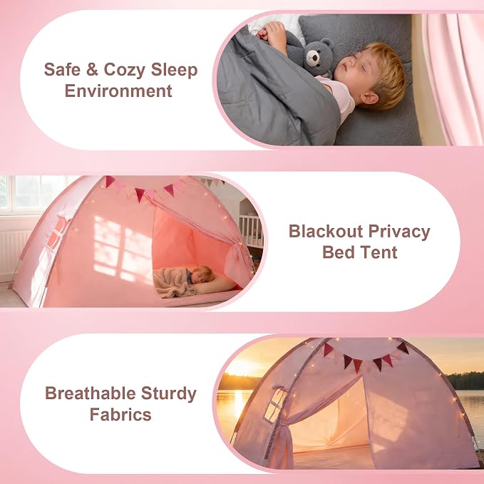Full Bed Tent Canopy, Indoor Blackout Privacy Toddler Bed Tent for Kids with Light, Portable Sleeping Floor Kids Playhouse (Pink, Full Size)