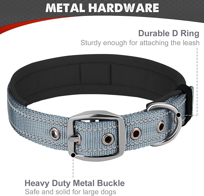 Joytale Dog Collar for Extra Large Dogs, Neoprene Padded and Adjustable, Reflective Wide Heavy Duty Pet Collars with Durable Metal Belt Buckle for Walking, Gray, XL