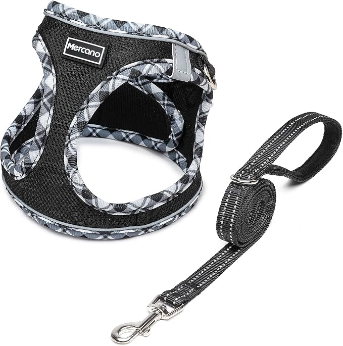 Mercano Soft Mesh Dog Harness and Leash Set, Step-in Reflective Breathable Lightweight Vest Harnesses with Safety Buckle for Small Dogs, Cats (Black White, S)