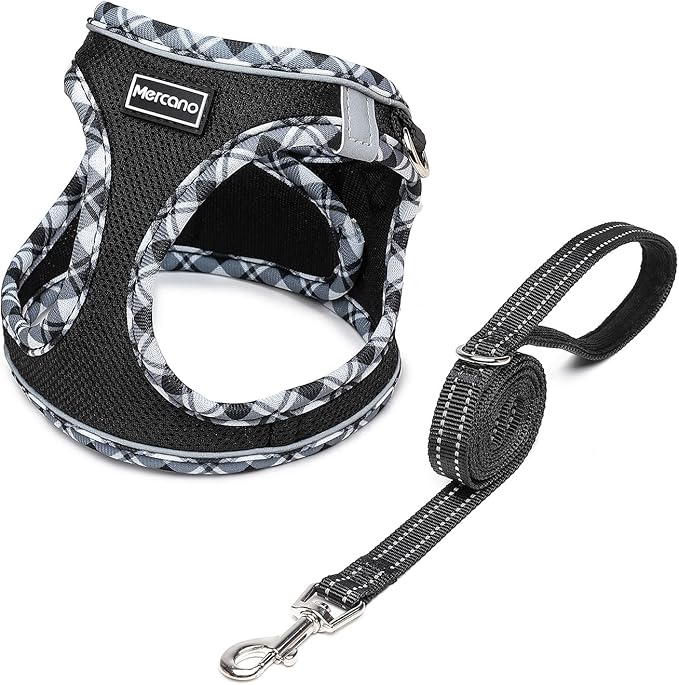Mercano Soft Mesh Dog Harness and Leash Set, Step-in Reflective Breathable Lightweight Vest Harnesses with Safety Buckle for Small Dogs, Cats (Black White, M)