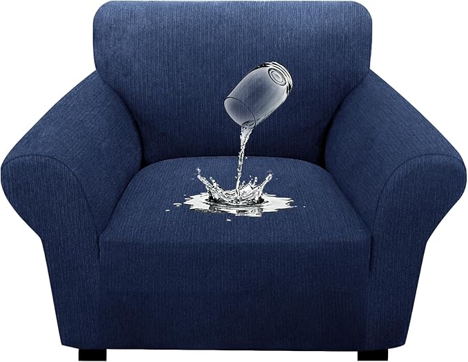Waterproof Stretch Spandex Chair Sofa Slipcover - Non-Slip Soft Couch Cover with Elastic Bottom, Washable Leakproof Furniture Protector for Kids, Pets, Dogs & Cats (Chair, Navy)