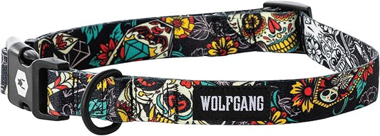 Wolfgang Heavy Duty, Adjustable Dog Collar with Quick Release Nylon Buckle for Walking & Training, LosMuertos Print, Large