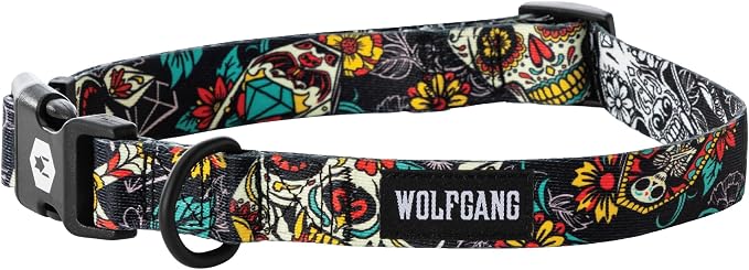 Wolfgang Heavy Duty, Adjustable Dog Collar with Quick Release Nylon Buckle for Walking & Training, LosMuertos Print, Medium
