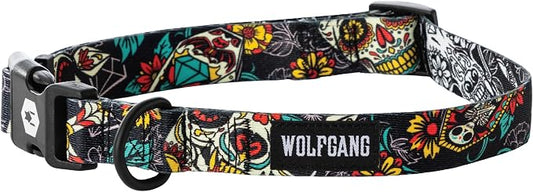 Wolfgang Heavy Duty, Adjustable Dog Collar with Quick Release Nylon Buckle for Walking & Training, LosMuertos Print, Medium