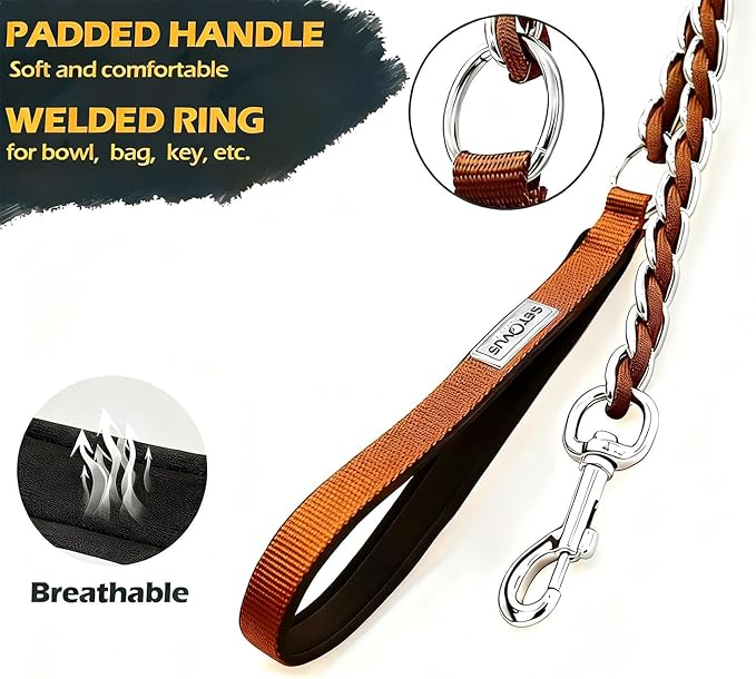 Chain Dog Leash Chew Proof Metal Leash for Medium Large Dogs, Chain Link Dog Anti Chew 5.2FT / 4FT Strong Anti Bite Comfortable Soft Padded Handle (Brown, 4FT（30-80lb）)
