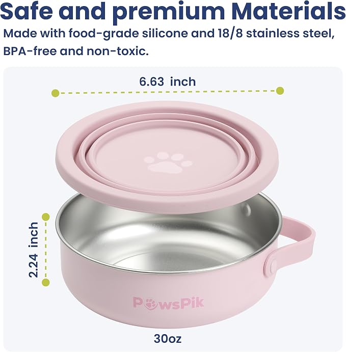 PawsPik 2-in-1 Travel Dog & Cat Bowl – Collapsible BPA-Free Silicone & 18/8 Stainless Steel, Portable & Non-Slip with Handle, Easy to Clean, Food & Water Bowl for On-The-Go Pets (Cherry Blossom Pink)